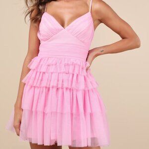 Lulus Special Poise Pink Tulle Pleated Sleeveless Tiered Mini Dress - Size S